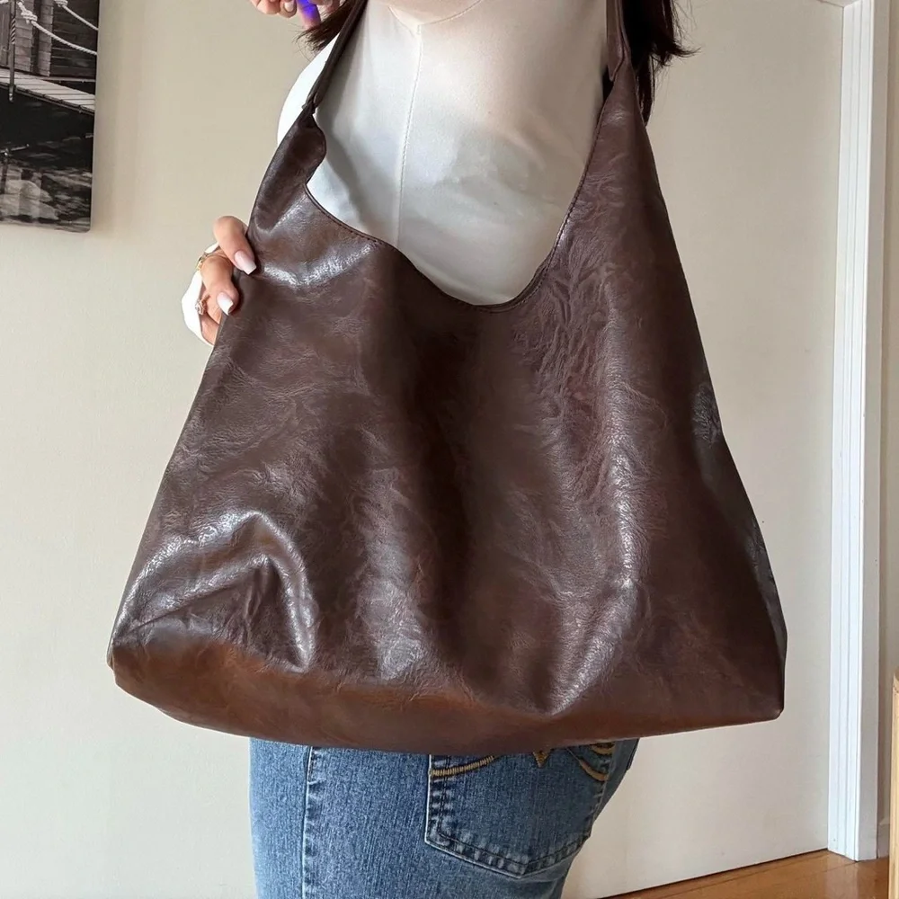 Brown faux leather minimalist tote hobo bag - Picture 6 of 6